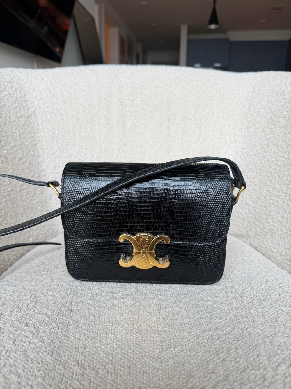 Celine Black Lizard-Embossed Crossbody with Gold Triomphe